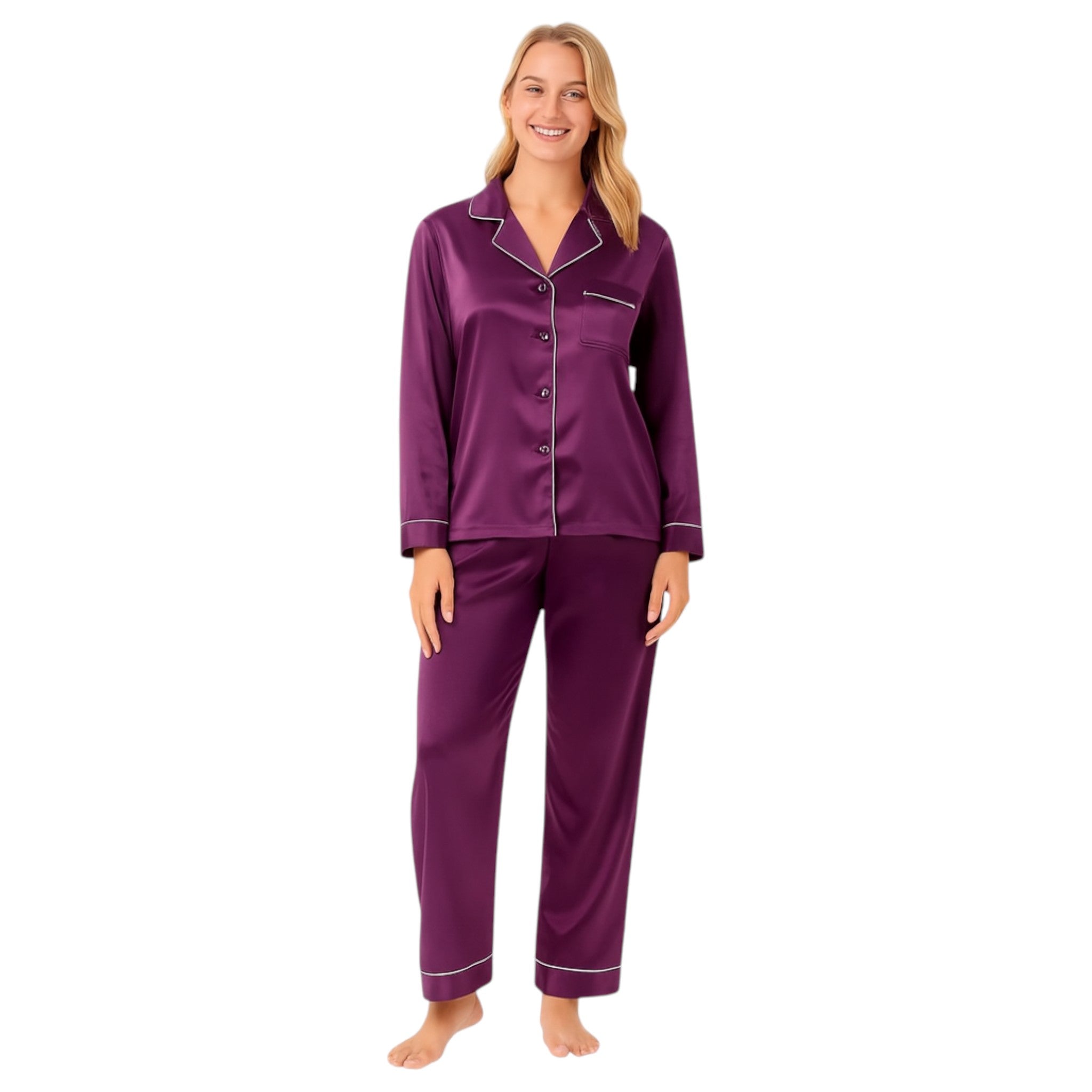 Women's soft silky touch satin pyjama set in purple with black piping, long sleeve button-up top and matching full-length trousers, comfortable nightwear